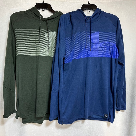 2 Under Armour Men's Hoodie Large Green & Blue Hooded Fitted Long Sleeve Shirt - Picture 1 of 12